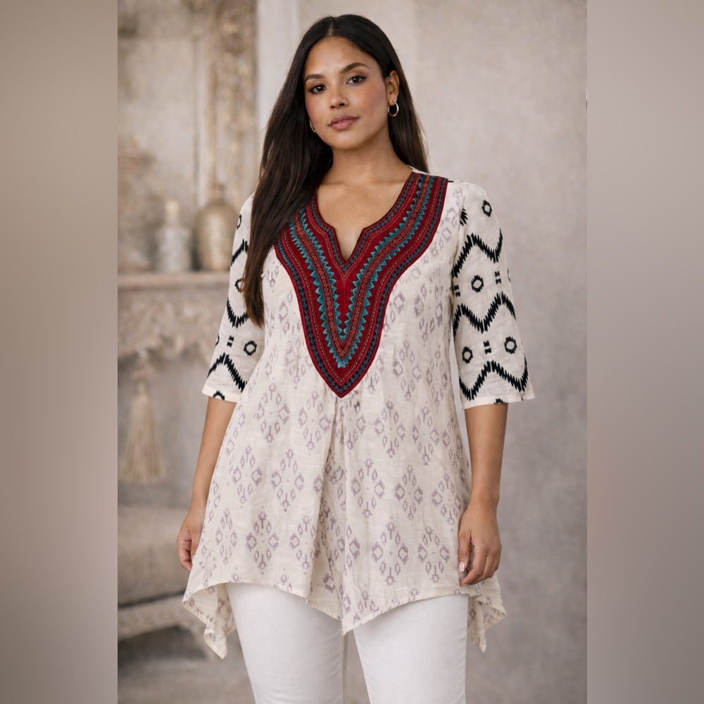 Aarong Taaga Raw‎ Silk Embroidered Bohemian Peasant Top Sz L (Fits M)